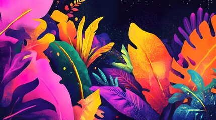 Vibrant abstract tropical foliage with neon colors on a dark background.