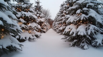 Snowy Evergreen Trees with Twinkling Lights