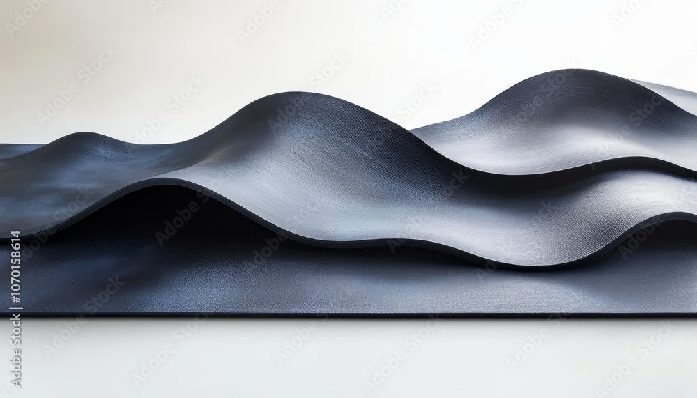 Poster Abstract curves of black material creating wave-like forms on a smooth surface