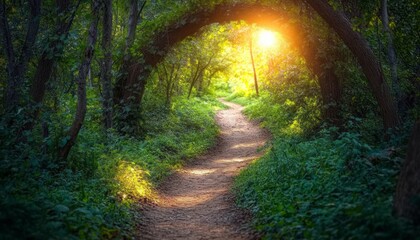 Obraz premium A winding forest path illuminated by sunlight during early morning hours