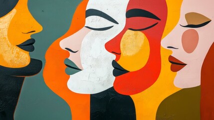 Stylized abstract painting of four women in profile, using bold colors and simple shapes to convey diversity and unity. AI generative.