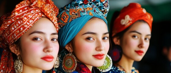 Obraz premium Three women adorned in vibrant, patterned headscarves and bold earrings, exuding elegance through vivid color and cultural expression.