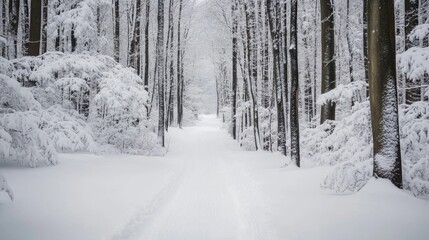 Snowy Path Through Dense Forest in Winter Wonderland