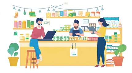 Customers Interacting with Staff at a Grocery Store Counter