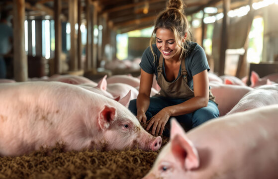 Family pig farm, young smiling female farmer takes care of pigs.