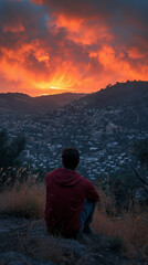 Obraz premium Solitary Moment at Sunset Overlooking Cityscape in Hills - Serene Reflective Nature Scene for Meditation and Inspiration
