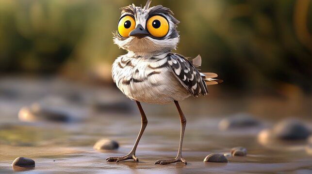 Bush stone curlew with gangly legs and striking yellow eyes showcasing a grey to light brown back with black blotches ideal for wildlife illustration