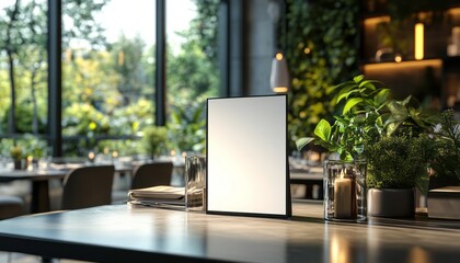 Fototapeta premium Cozy restaurant interior with greenery and empty menu stand in natural daylight