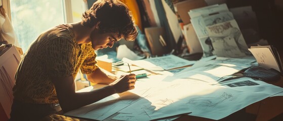In a softly lit study, a young artist sketches intently, surrounded by drawings and ideas, embodying creativity and focus amidst scattered papers.