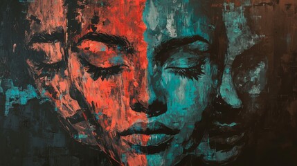 Abstract portrait featuring a woman's face divided into red and teal tones, with layered textures and a moody, introspective atmosphere. AI generative.