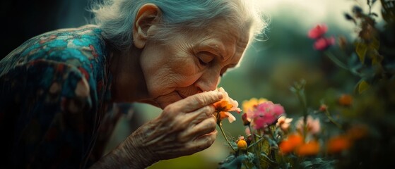 An elderly woman savors the fragrance of blossoms in a sun-drenched garden, capturing a moment of pure joy and nostalgia.