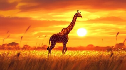 Obraz premium Majestic giraffe roaming through the savannah during golden hour wildlife observation