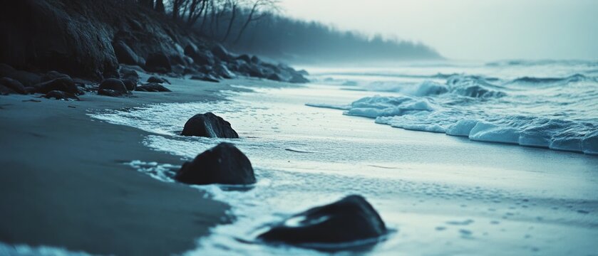 A tranquil coastline stretches along misty waves, where waves kiss the shore and engender a serene, reflective atmosphere in monochrome blues.