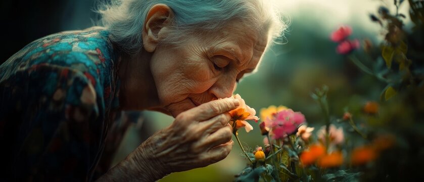 An elderly woman savors the fragrance of blossoms in a sun-drenched garden, capturing a moment of pure joy and nostalgia.