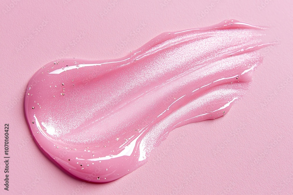 Poster shimmering pink gel spread on a light pink surface showcasing its smooth texture and sparkling parti