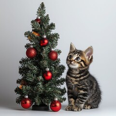 Obraz premium Adorable tiny kitten sitting beside a miniature decorated christmas tree
