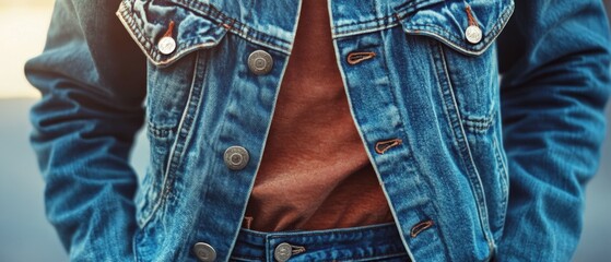 Close-up of a denim jacket with silver buttons worn over a brown top, capturing casual style and textures in natural light.
