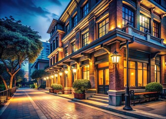 Naklejka premium Vintage Style Night Photography of Modern Building Exterior with Warm Lighting, Urban Landscape, Architectural Beauty, Soft Glow, Illuminated Facade, City Aesthetics