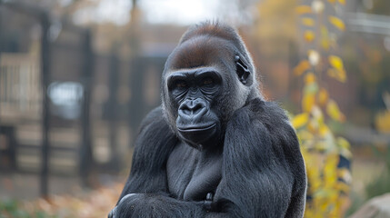Obraz premium Majestic Gorilla in Natural Habitat During Autumn at the Zoo