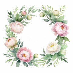Naklejka premium Elegant watercolor floral wreath with blush roses, lavender sprigs, and light greenery, painted in soft