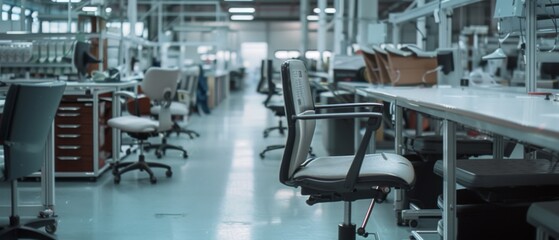 An empty industrial workspace filled with rows of desks and chairs, highlighting a sense of order, purpose, and potential innovation.