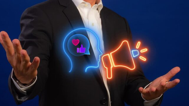 Brand Advocacy icon, Public Relations concept for construction, Investment, business development and Engineering. Human icon with notification of like and love and megaphone sign on virtual screen.