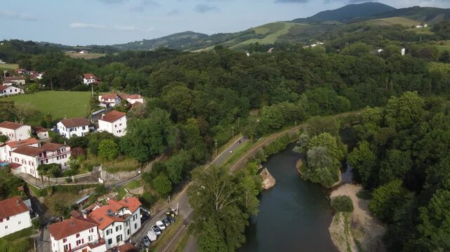 Aerial view of the french basque country, next to Cambo les Bains. Nive river.