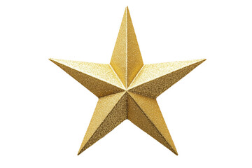 A bright gold glitter star decoration, Christmas tree topper isolated on white background.