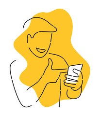 Fototapeta premium Young smiling man holding smartphone, in thin line