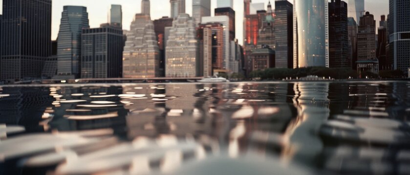 The city skyline reflects on a tranquil water surface at twilight, merging urban sophistication with nature's calm.