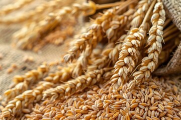 Ripe wheat grains spilling from a burlap sack, creating a warm and inviting scene of harvest abundance