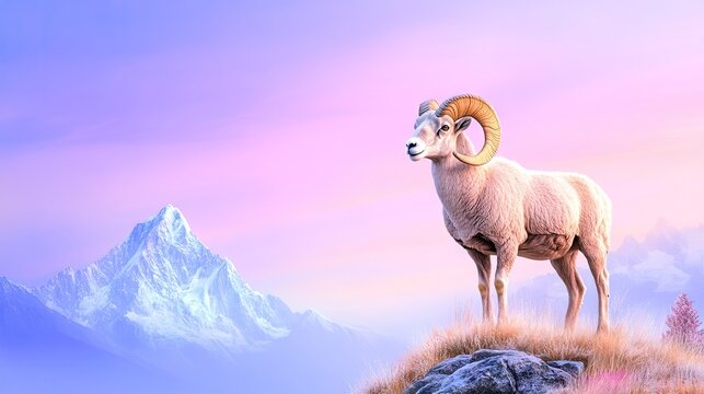 Majestic bighorn sheep on a mountain ridge with snow-covered hills under a serene sky at sunset