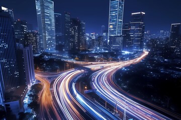 Fototapeta premium Light trails created by cars speeding past a backdrop of beautiful buildings in a city at night