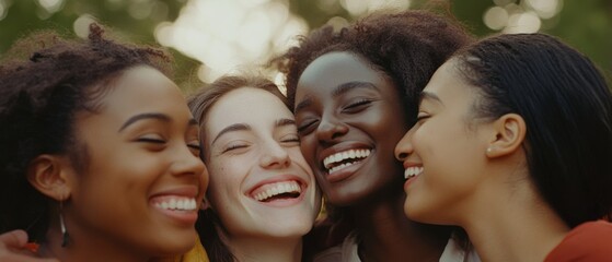 Fototapeta premium A joyful group of four friends embrace, their laughter captured against a soft, sunlit backdrop, encapsulating warmth and happiness.