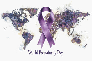 World prematurity day celebration with purple awareness ribbon on global map background