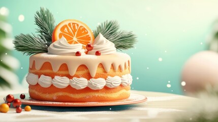Christmas tangerine cake elegantly adorned with a spruce branch showcasing sweet baking artistry and inviting copy space