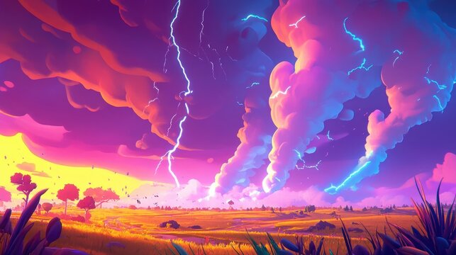 Dramatic thunderstorms displaying powerful lightning strikes and swirling tornadoes over a tumultuous landscape