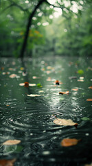 Fototapeta premium Calm Forest Pond with Raindrops and Floating Autumn Leaves