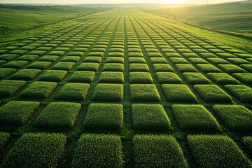 Fototapeta premium Aerial view of geometric crop patterns in vibrant green agricultural field at sunrise