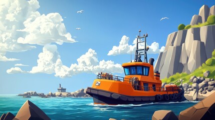 Obraz premium Diamond mining boats navigating the rugged shoreline of the western coast showcasing industrial activity and coastal scenery