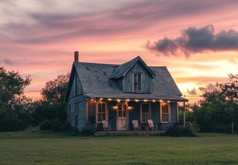 Fototapeta premium the exterior of an old, gray house with dark blue accents in Texas at dusk.