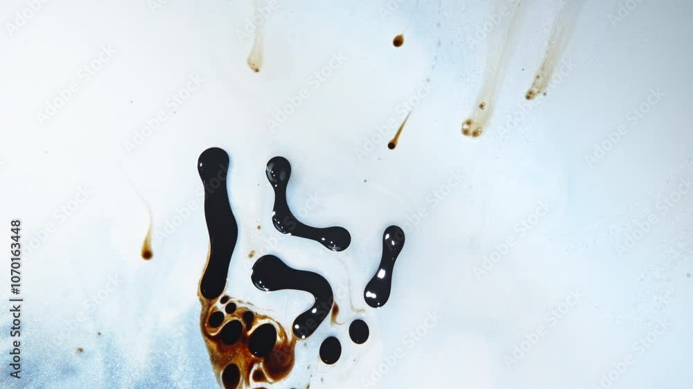 Poster dark liquid droplets spread and interact on a white surface, creating organic patterns in close-up