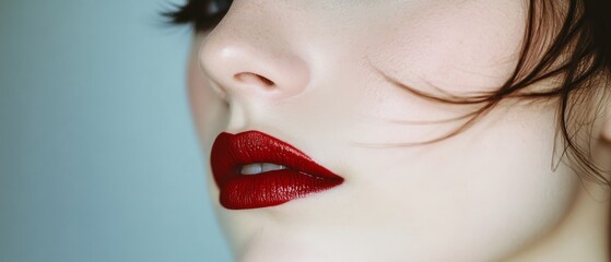 Fototapeta premium Elegant red lips and soft skin highlight the captivating beauty of a woman's face, accentuated by delicate, windswept hair.