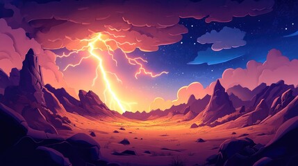 Dramatic lightning illuminating an empty valley during a storm showcasing nature s power