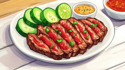 Crying tiger dish featuring grilled and thinly sliced ribeye steak accompanied by cucumber and lime on a white wooden table with spicy dipping sauce gourmet presentation