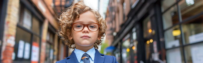Fototapeta na wymiar Confident Child in Business Suit in Urban Street Setting for Success and Ambition Concepts