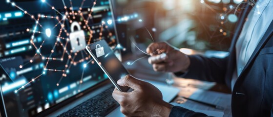 A professional engrossed in digital work, surrounded by holographic cybersecurity visuals, highlighting tech innovation.