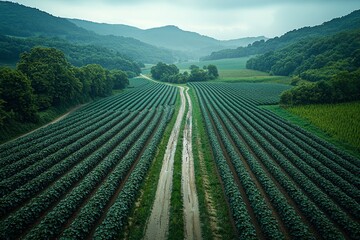 Lush green farming landscape with vibrant rows of crops and rolling hills under overcast sky