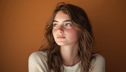 A portrait of a young woman with freckles looking up and to the side.