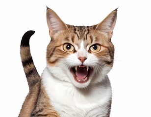 Obraz premium Angry surprised cat is screaming with its mouth wide open, looking curiously at the camera